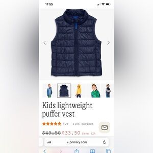 Primary Kids Lightweight Puffer Vest Navy Blue